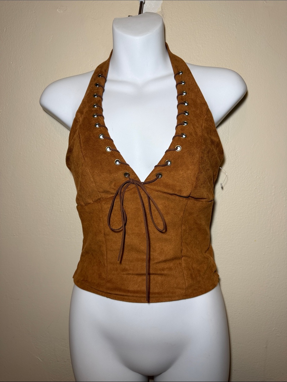 Lace-Up Halter Suede-Look Crop Top in Camel